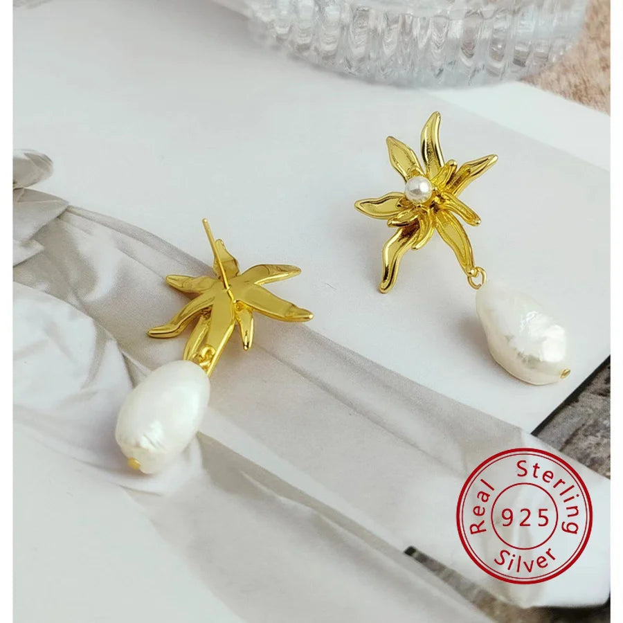 Luxury 925 Silver Needle Sunflower Baroque Pearl Dangle Earring Irregular Freshwater Pear Drop Earrings for Women Party  Jewelry