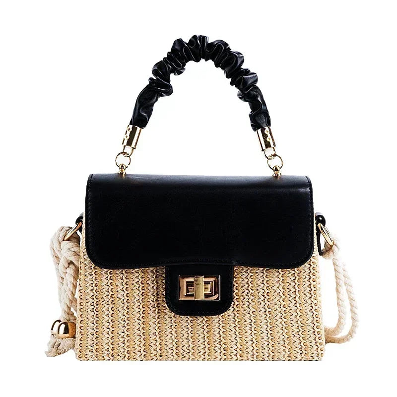 Straw Beach Bag for Women 2021 Summer Pleated Handle Luxury Designer  Contrast Color Crossbody Purse and Handbag Lady Bolsos