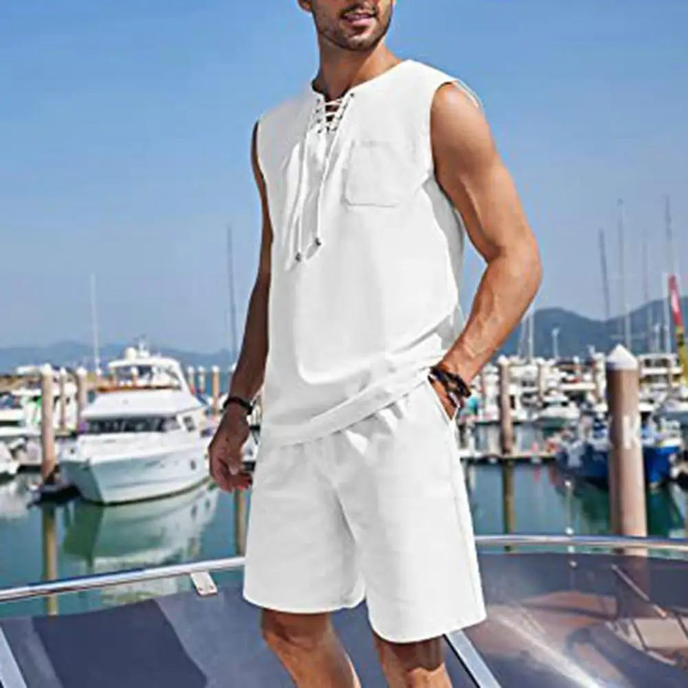 T-shirt Shorts Set Men's Sportswear Set Sleeveless V Neck Vest Elastic Waist Shorts with Patch Pockets Breathable Quick for Men mon