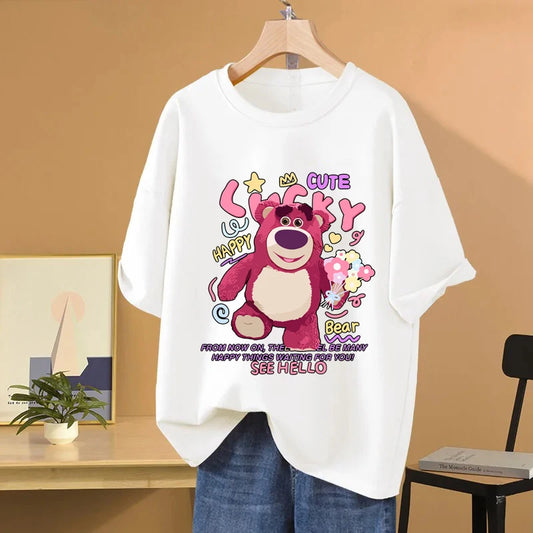 Lotso Bear Cartoon Anime Women T-shirt Summer Short Sleeve Men Tee Shirts 100% Cotton 2025 New Fashion Couple Clothes Tops