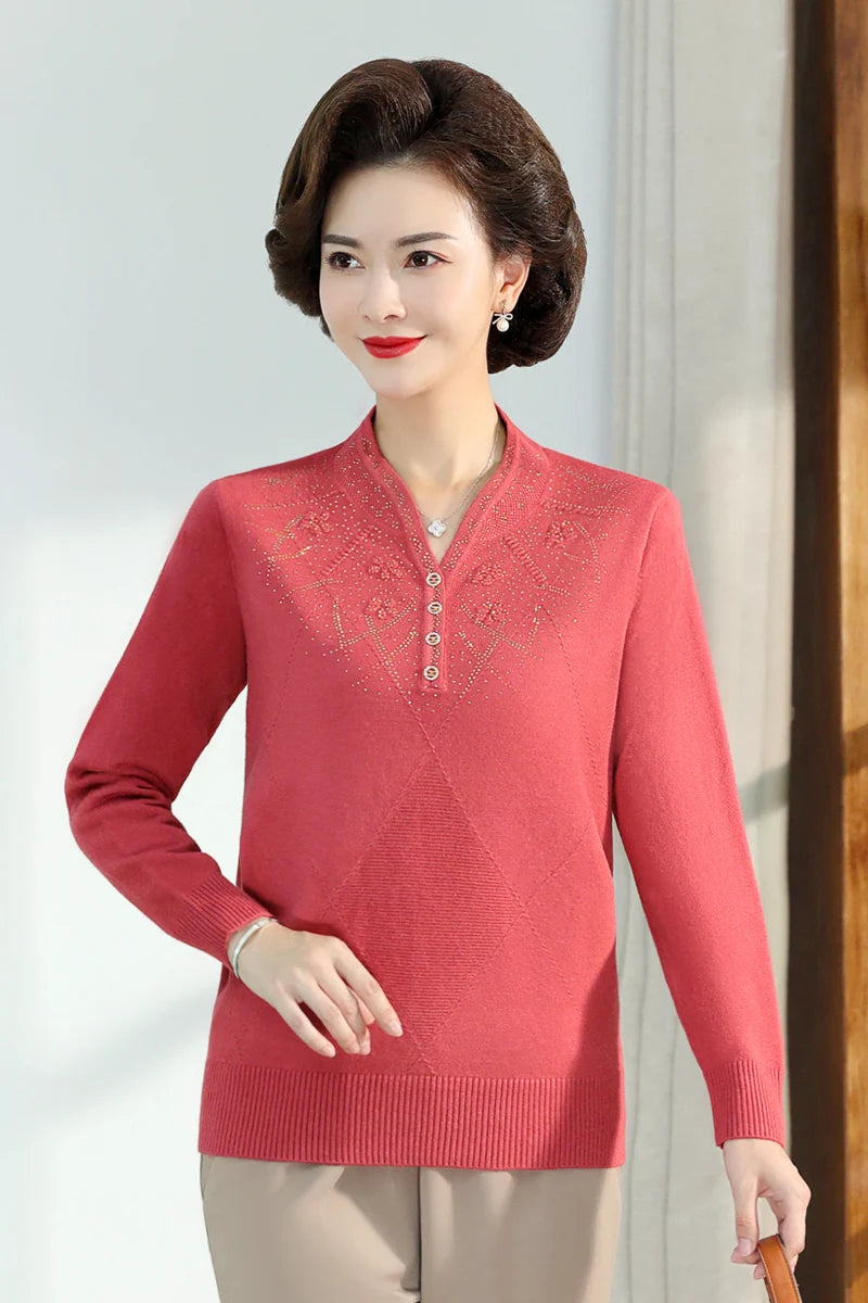 Middle-aged Women's Autumn Sweaters Pullovers V-neck JUmper Hot diamond Knitting Sweater Mother Dress Tops