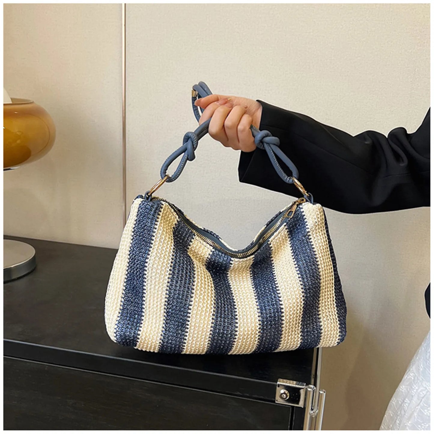 Straw Bags For Women Summer Fashion Striped Shoulder Bag Trendy Straw Purses And Handbags Ladies Beach Holiday Shopping Bags