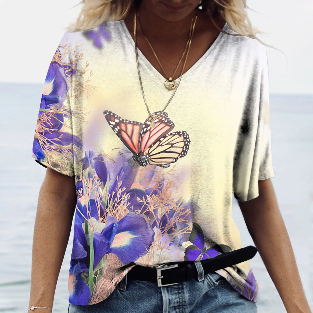 Butterfly Printed Women's T-Shirt clothes 3D V-Neck Cotton Fashion Short Sleeve Tops 2025 Casual Basic Girl's Clothing Harajuku Clothes