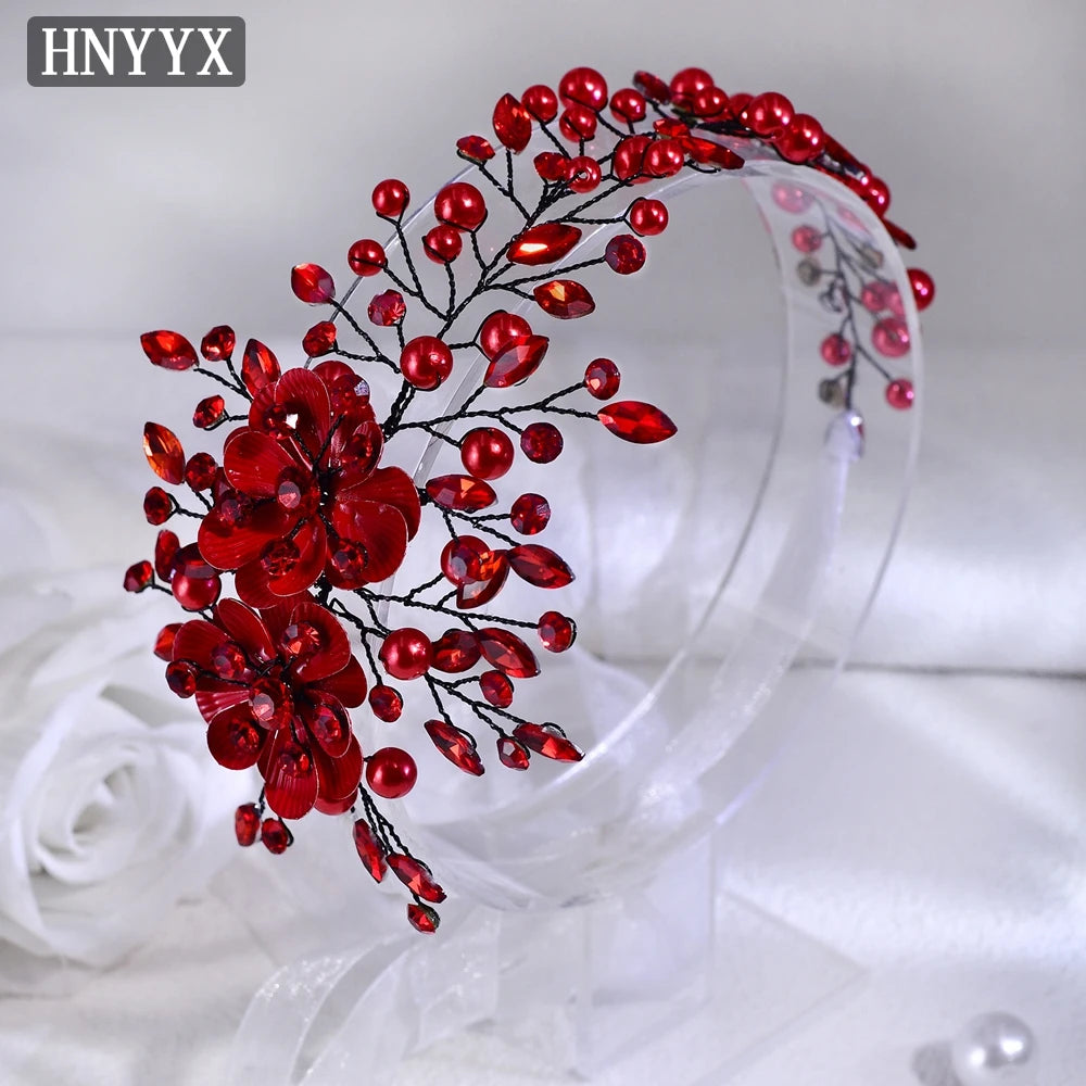 HNYYX Pearl Crystal Flower Headband Women's Red Hair Accessories Bridal Party Queen Wedding Headpieces Jewelry Hair Tiara A265