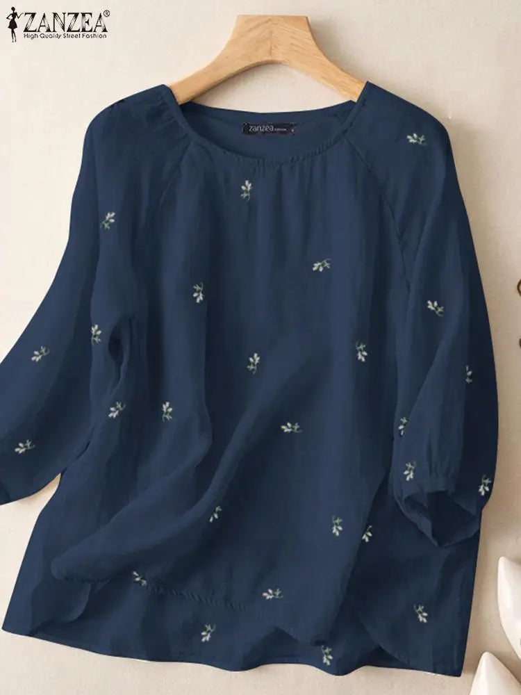 Vintage Floral Embroidery Tops ZANZEA Spring Women Holiday Blouse Party Work Cotton Blusas Autumn Casual 3/4 Sleeve Loose Shirt