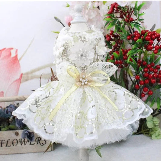 Cute Pet Dog Cats Clothes Luxury Handmade Golden Sequin Lace Flower Party Dress For Small Medium Dogs Fashion Outfits Puppy Coat