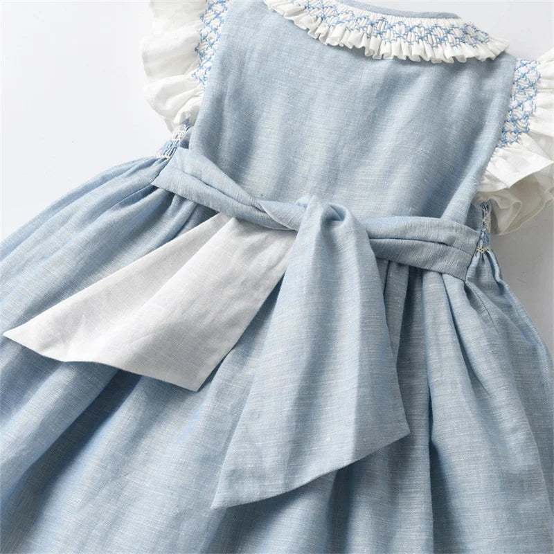 2024 Kids Spanish Dress Girls Hand Made Smocking Blue Dress with Ruffle Collar Sleeeve Baby Smocked Embrodiery Dresses