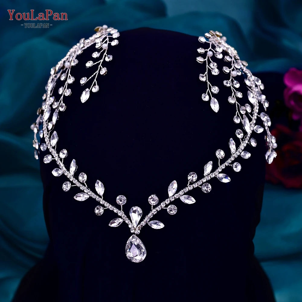 YouLaPan Crystal Bridal Headpiece Alloy Leaf Headband for Brides Wedding Hair Accessories Princess Tiara Pageant Headdress HP272