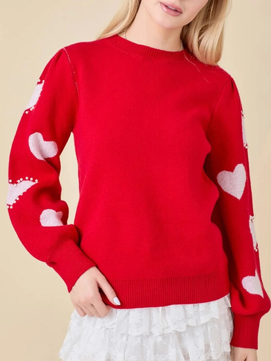 Women s Valentine s Day Knit Sweater Red Long Sleeve Round Neck Heart Print Knitwear
