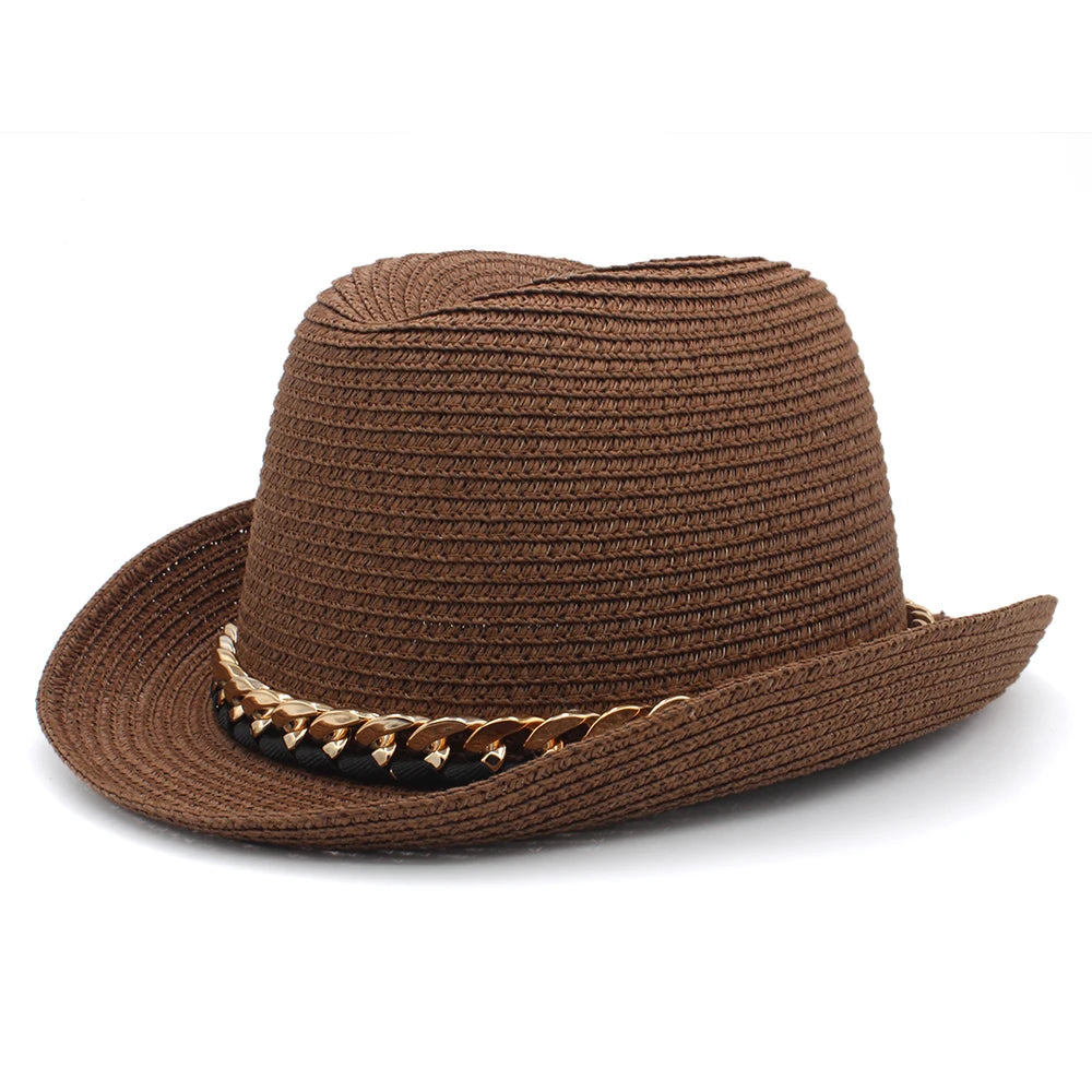 Men Women Summer Solid Straw Homburg Hats Classical Retro Fedora Caps Trilby Sunhat Party Beach Travel Outdoor Adjustable Size