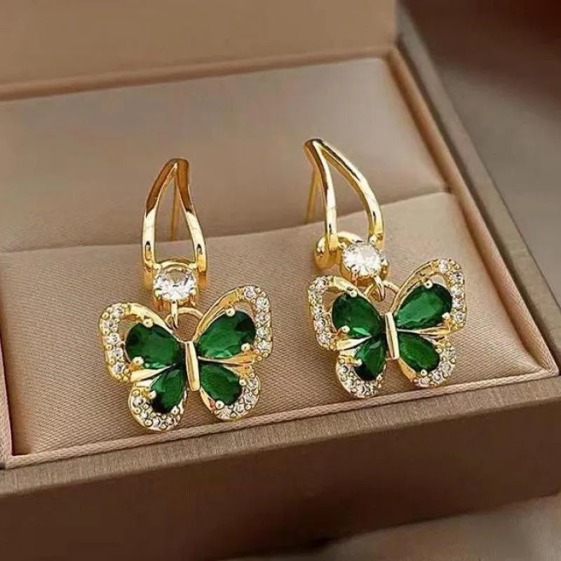 925 Silver Needle Green Crystal Butterfly Drop Earrings For Women Korean Jewelry 2024 Trending Fairy Luxury Women's Earrings New