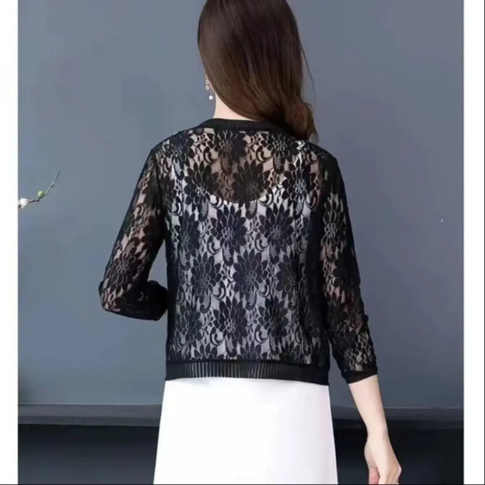 Summer Tie Up Women's Cardigan Breathable Beach Air-Conditioning Shirt Floral Lace Sun Protection Clothing Women