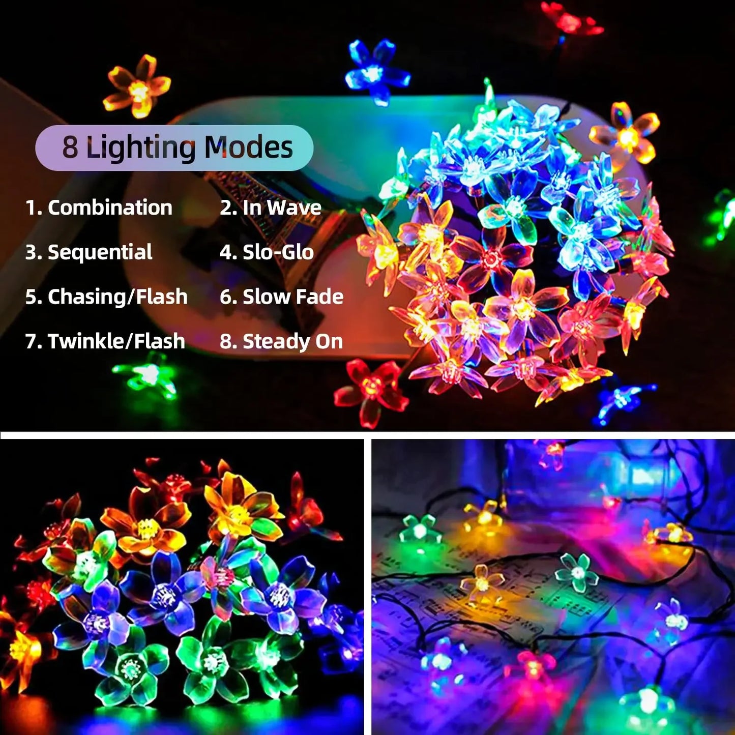 Outdoor Solar Powered Flower Garland Festoon LED String Fairy Light Waterproof for Backyard & Garden Lawn Fence Patio Decoration