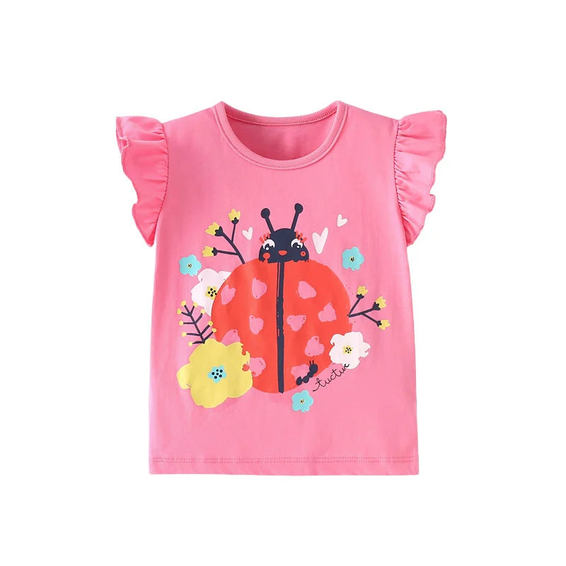 Jumping Meters 2-7T  Animals Embroidery Girls Tees Cotton Summer Toddler Clothes Kids Tops Short Sleeve Baby Children's Tshirts