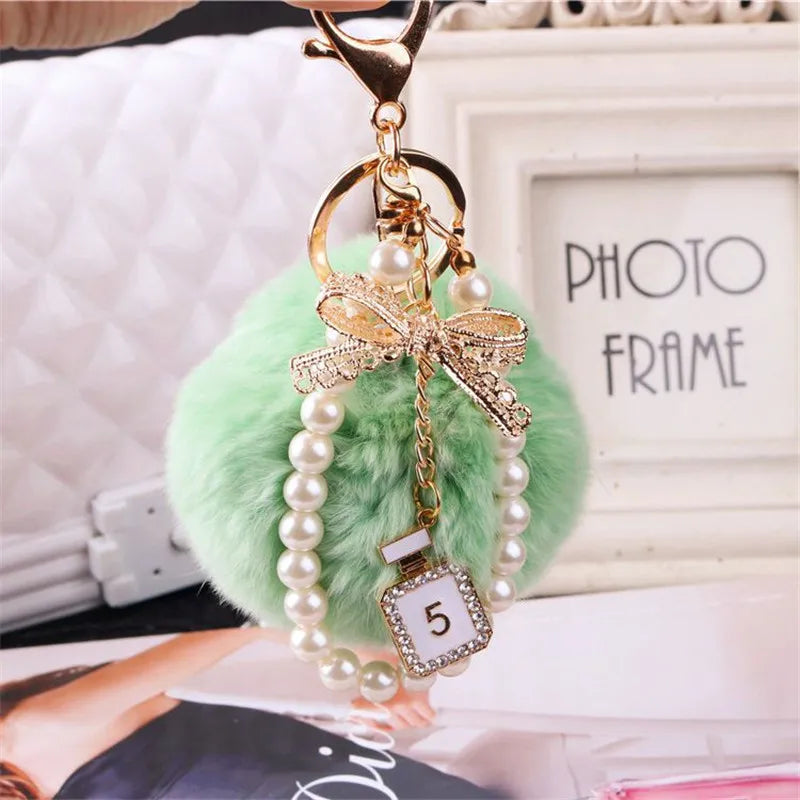 Car Women handBag Key Chain Fashion Pearl Chain Crystal Bottle Bow Pompom Keychain Fluffy Puff Ball Keychains Jewelry