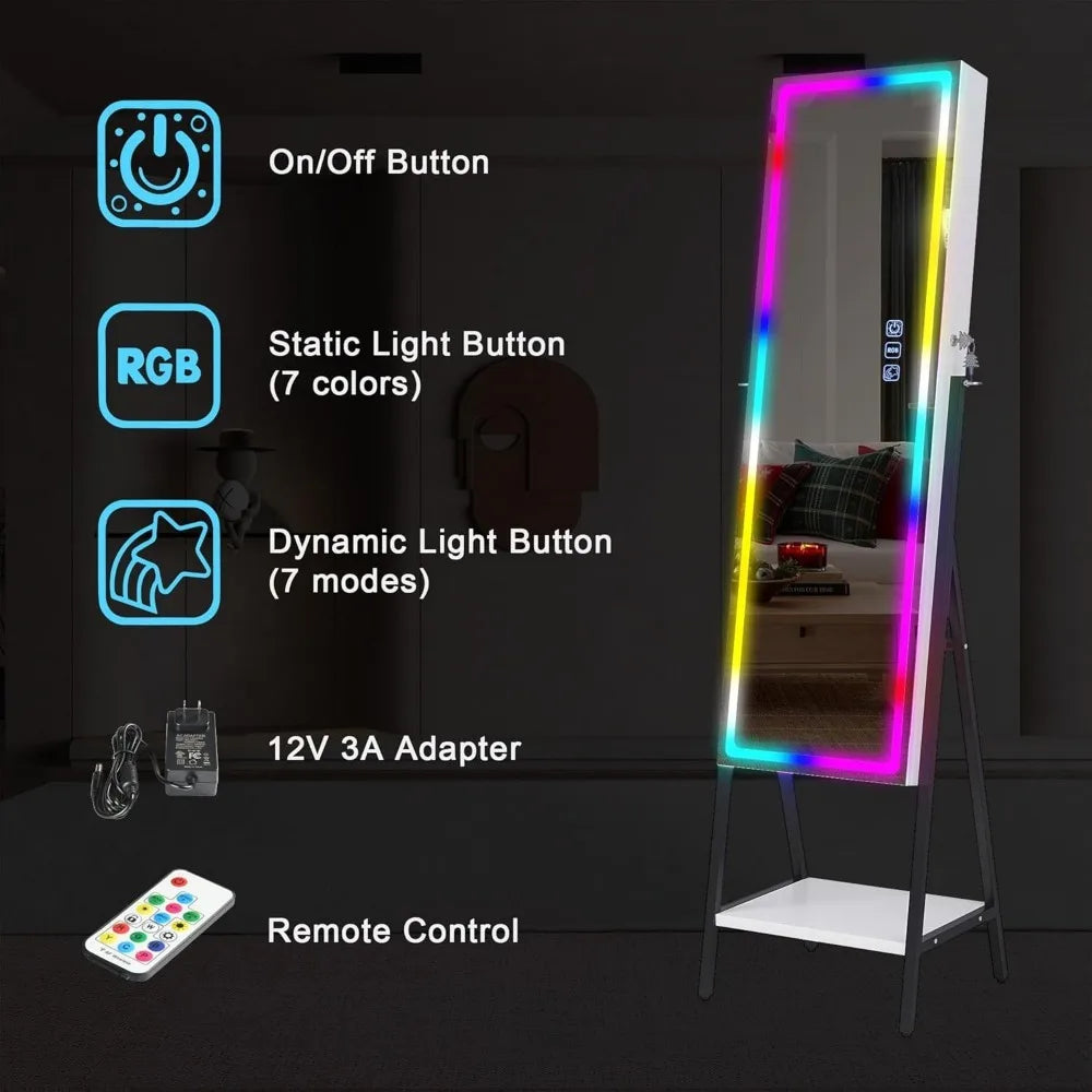 RGB LED Full Length Mirror with Storage for Jewelry, Lockable. home improvement decoration