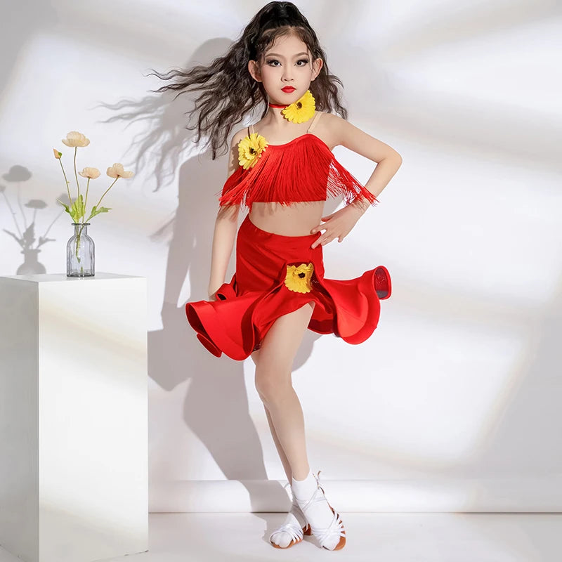 Latin Dance Outfit for Girls 2024 New Summer Children New Floral Practice Competition Clothing