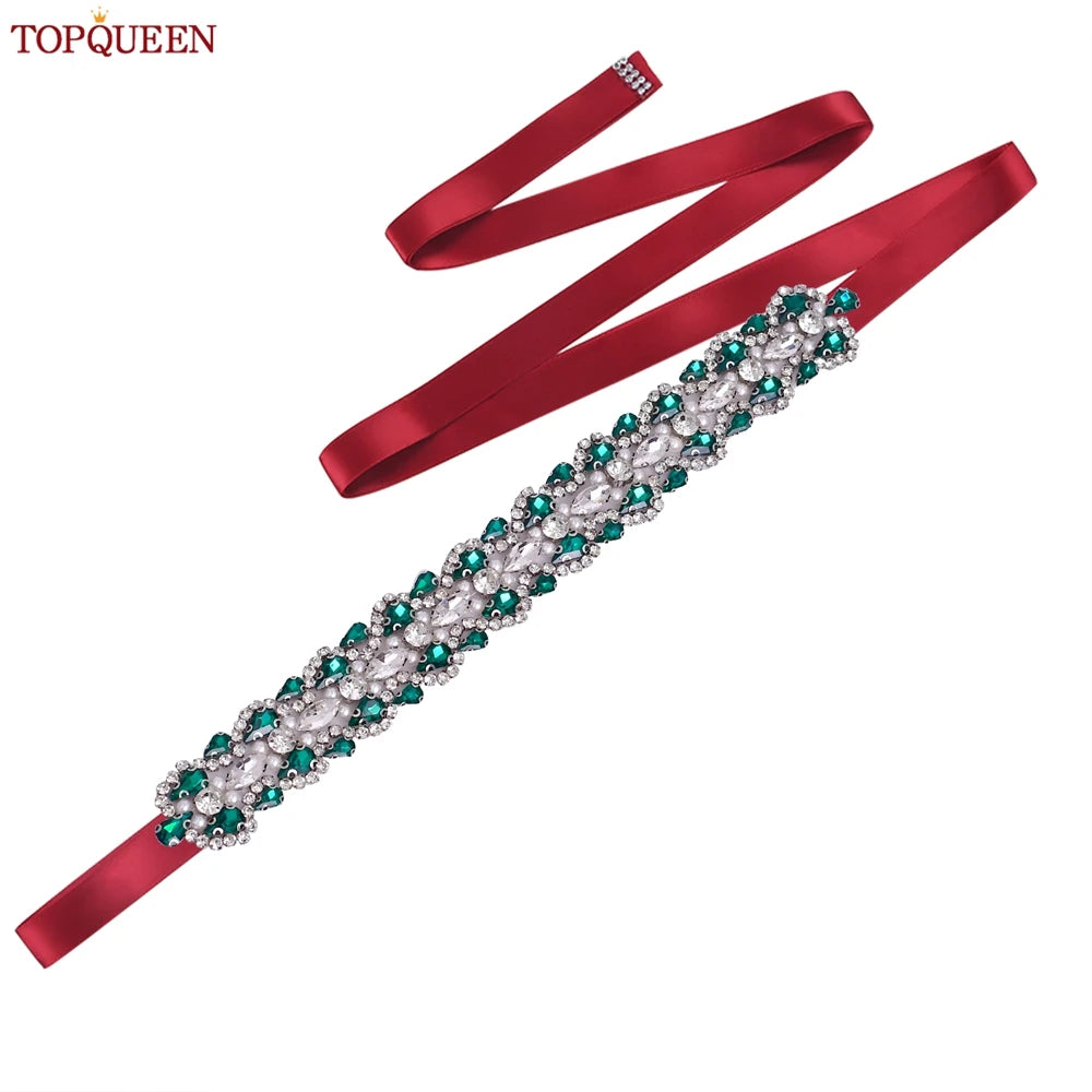 TOPQUEEN Luxury New Bridal Belt Wedding Supplies Dinner Dress Waist Decoration Green Bridesmaid Sash Accessories S466-D