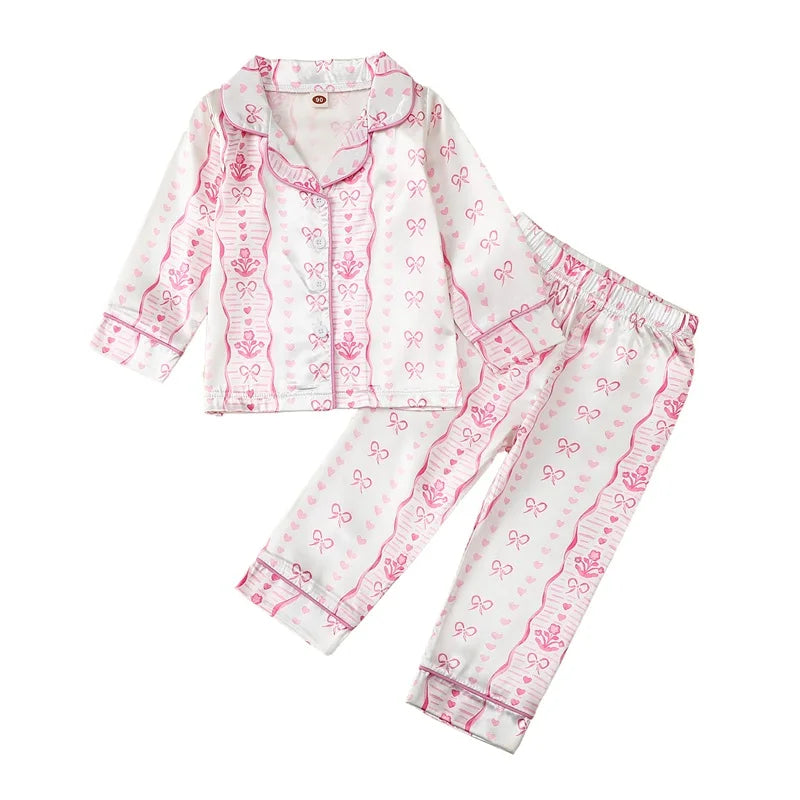 Kids Girls Valentine s Day Pajamas Set Bow Heart Print Long Sleeve Shirts Tops Long Pants 2 Pieces Lounge Suit Sleepwear