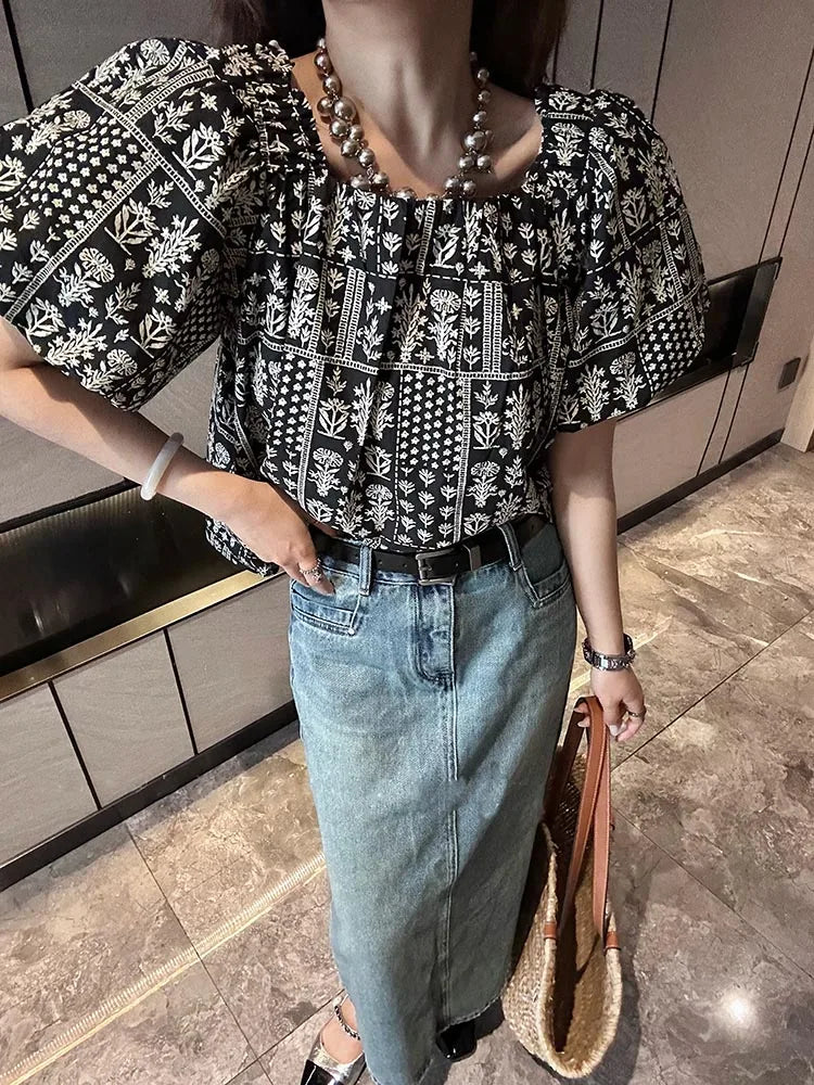Square Neck Puff Sleeve Patterned Off-shoulder Cropped Women's Top 2024 Spring/Summer Vacation Blouse  Petite Women's Clothing clothes