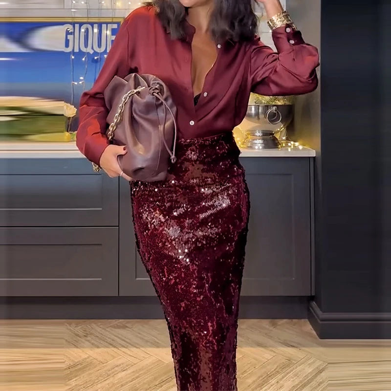 2025 Fashion Temperament Party Suits Elegant Lapel Button Shirts & Sequin Skirt Sets Women Casual Long Sleeve Solid 2Pc Outfits