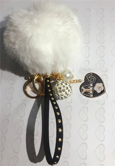 Car Women handBag Key Chain Fashion Pearl Chain Crystal Bottle Bow Pompom Keychain Fluffy Puff Ball Keychains Jewelry