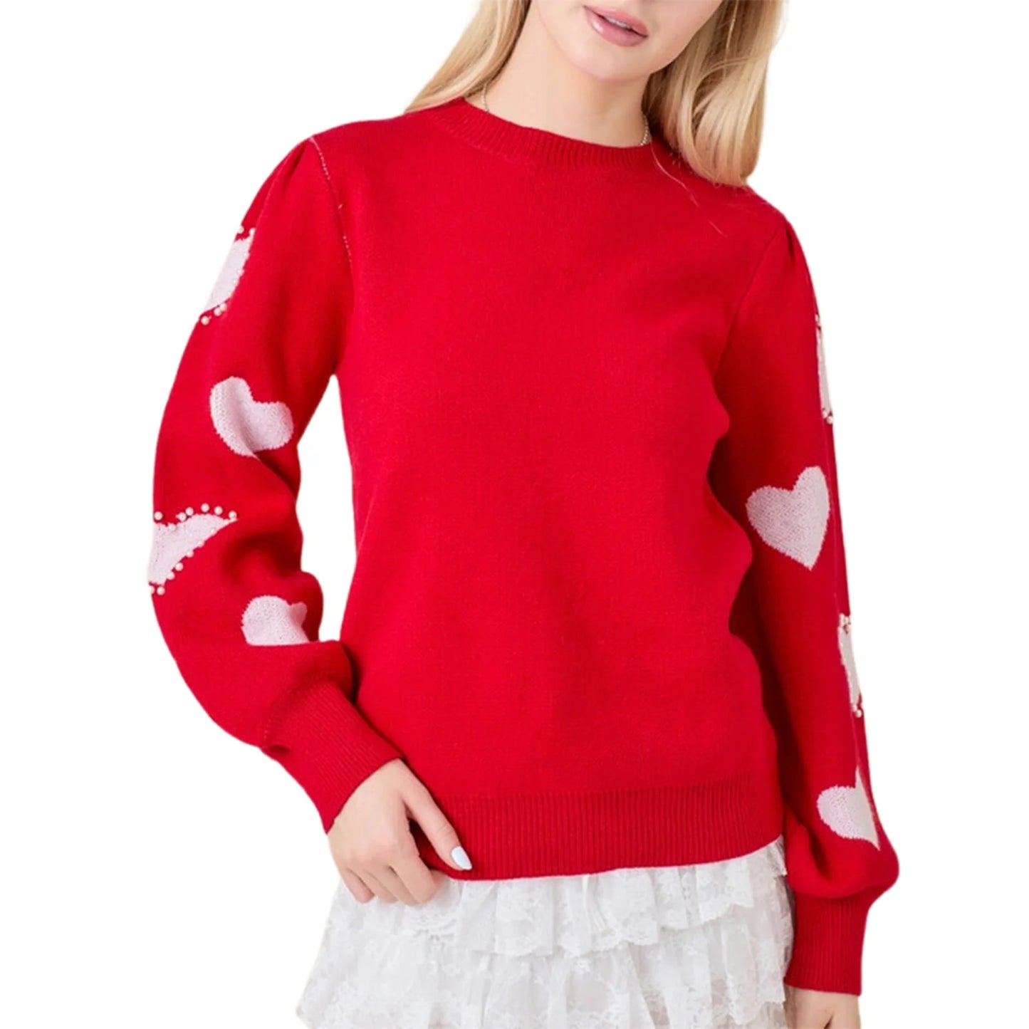 Women s Valentine s Day Knit Sweater Red Long Sleeve Round Neck Heart Print Knitwear