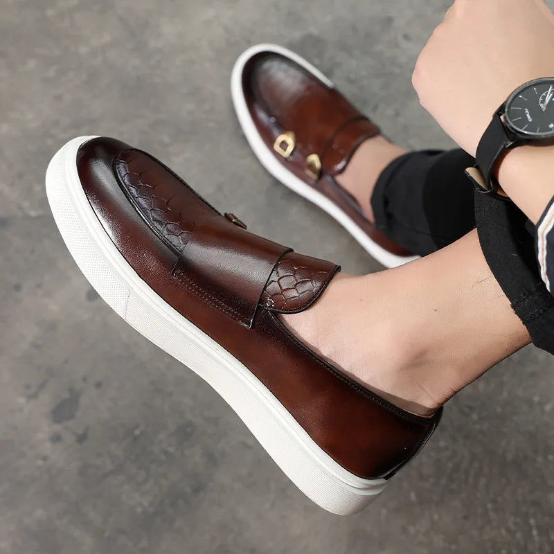 New Fashion Men Crocodile Pattern Monk Strap Thick Bottom Lace Up Shoes Male Casual Loafers Formal Dress Footwear Zapatos Homre