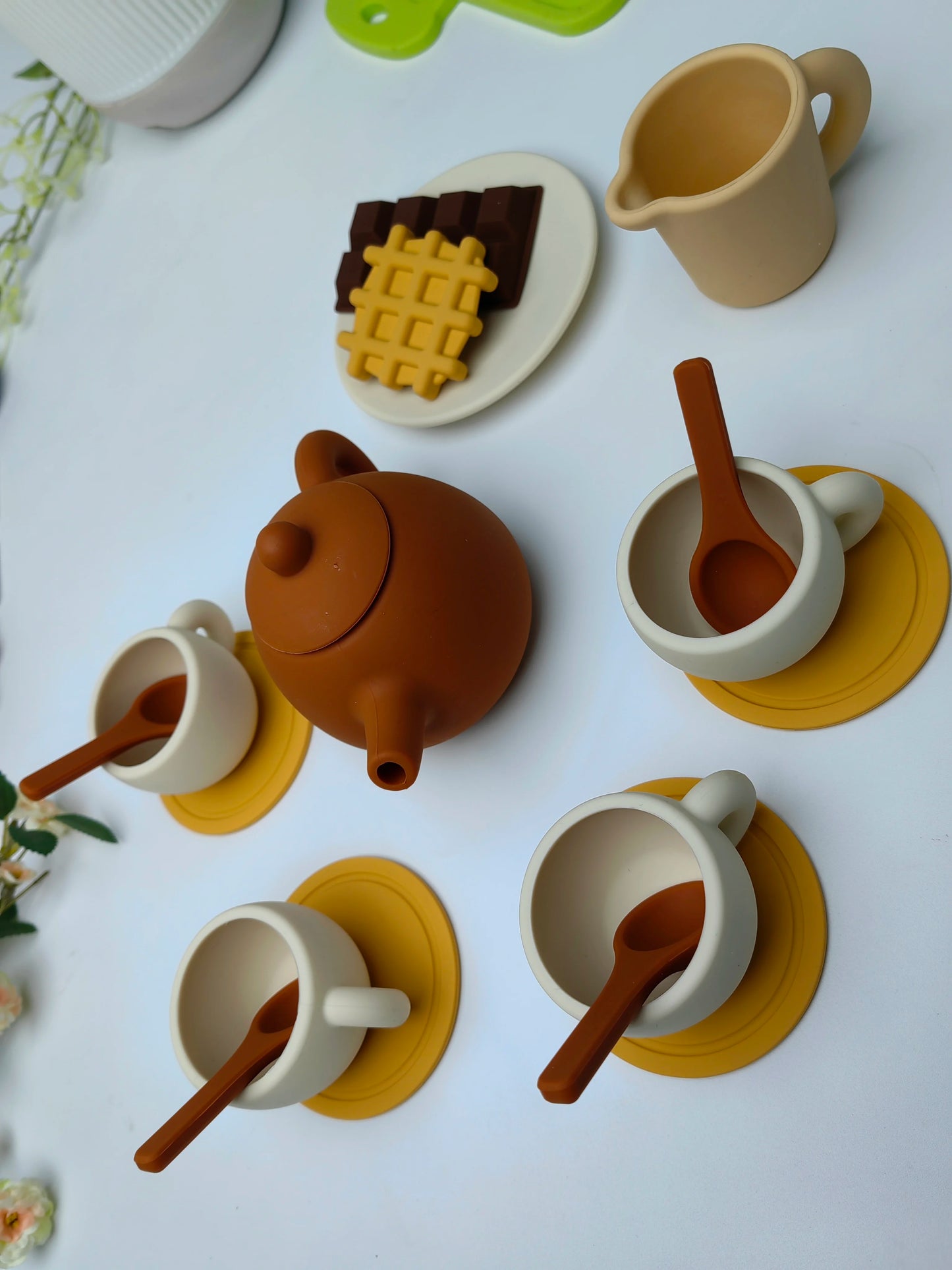17pcs Silicone Tea Toys Pretend Play Kitchen Accessories Food Playset for Kids Role Play Game for Toddlers Girls Boys Gifts
