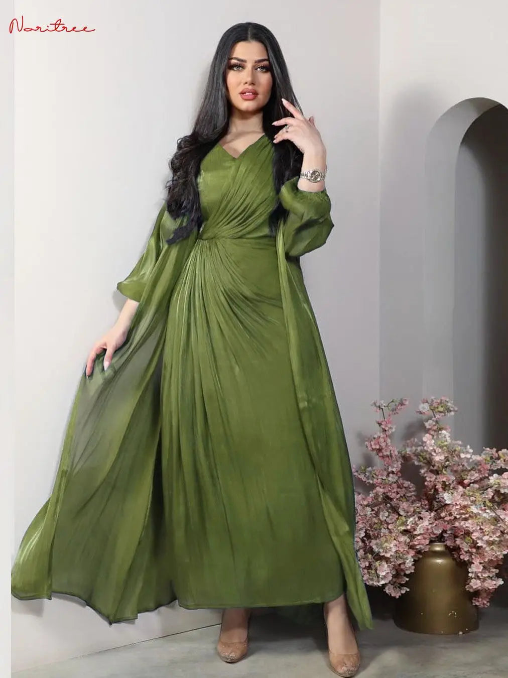 2 Pieces Shiny Djellaba Muslim Dress Sets Muslim Suits Elegant Long Islamic Women Modest Wear Clothing Sunscreen Sets WY1502