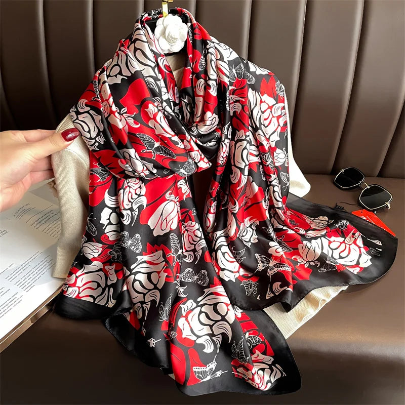 New 2025 180*88cm classic Silk Scarf Women Foulard Office lady Large Fashion Print Beach Hijab Shawl Warp Bandanna Muffler