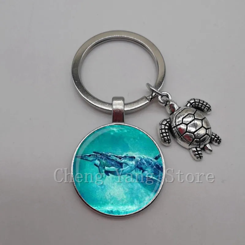 Marine life jewelry turtle dolphin shell keychain key ring glass convex round keychain charm turtle pendant Christmas gift