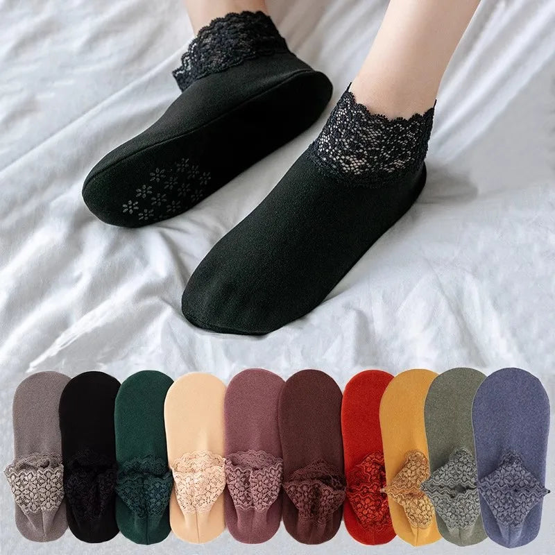 Women Low Lace Tube Socks Vintage Breathable Velvet Warm Home Floor Socks Anti-slip Sock Slippers Thin Ladies Lace Boat Socks