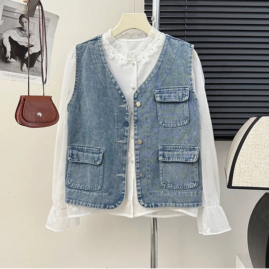 Spring Autumn V-neck Denim Vest Coat Women Korean Style School Ladies Petite Girls Cute Cover-Up Tank Top Jacket