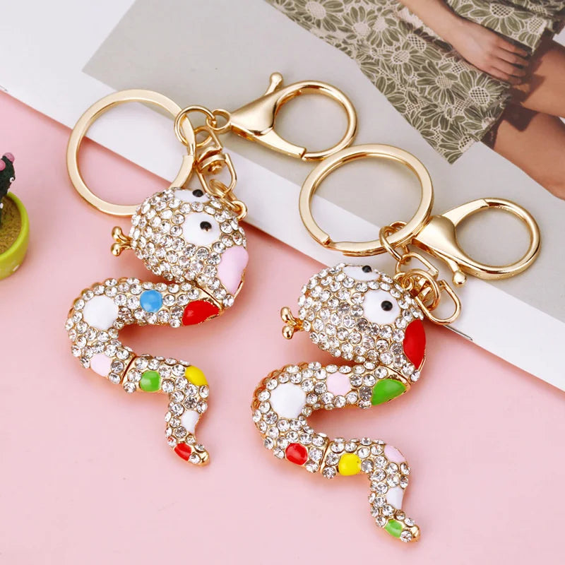 Creative Diamond Chinese Zodiac Little Flower Snake Car Pendant Cartoon Cute Snake Keychain Ring Bag Hanging Decoration Gift