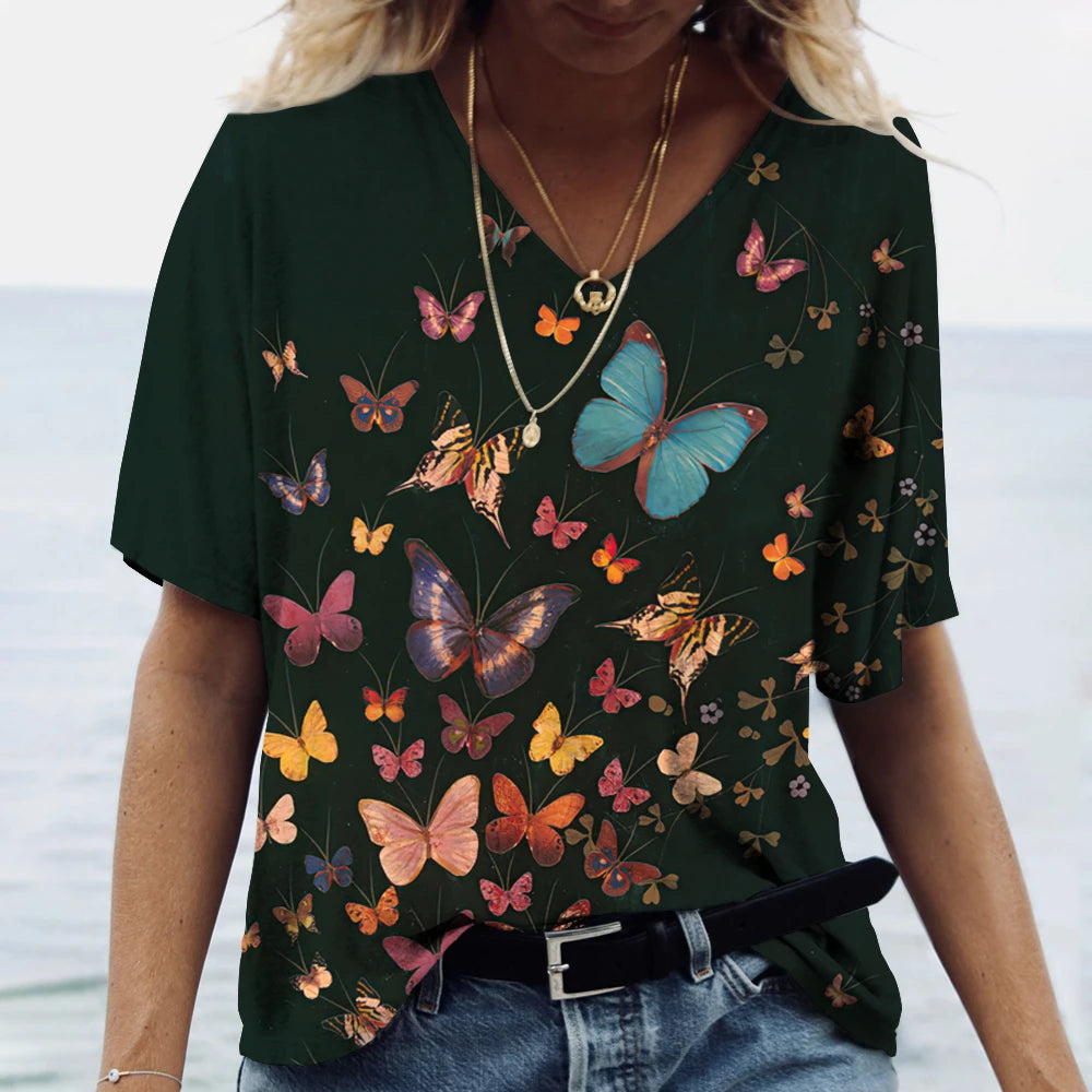 Butterfly Printed Women's T-Shirt clothes 3D V-Neck Cotton Fashion Short Sleeve Tops 2025 Casual Basic Girl's Clothing Harajuku Clothes