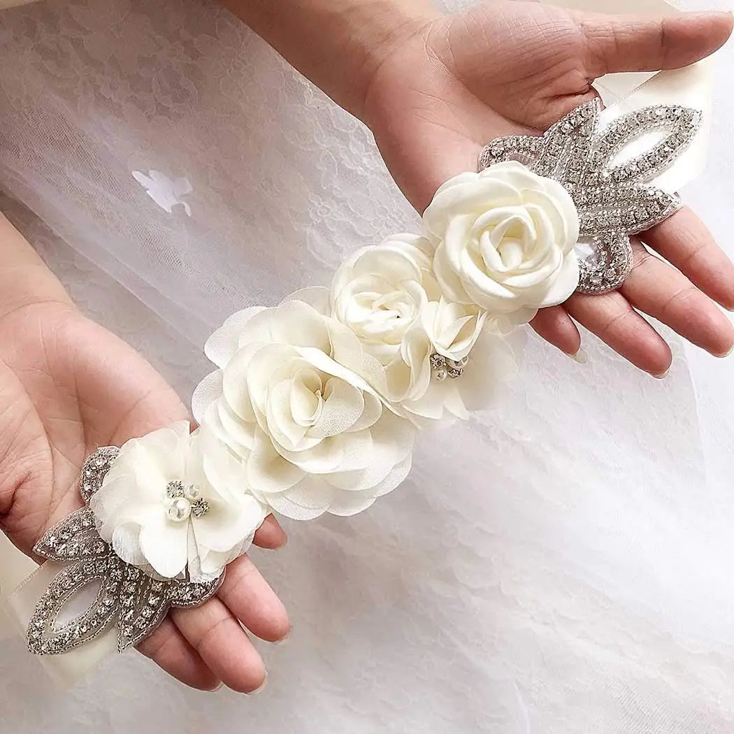 Wedding Belts White Ivory Flowers Pearls Satin Flower Rhinestone Decoration Accessories Elegant Bridesmaids Women Dresses Sash