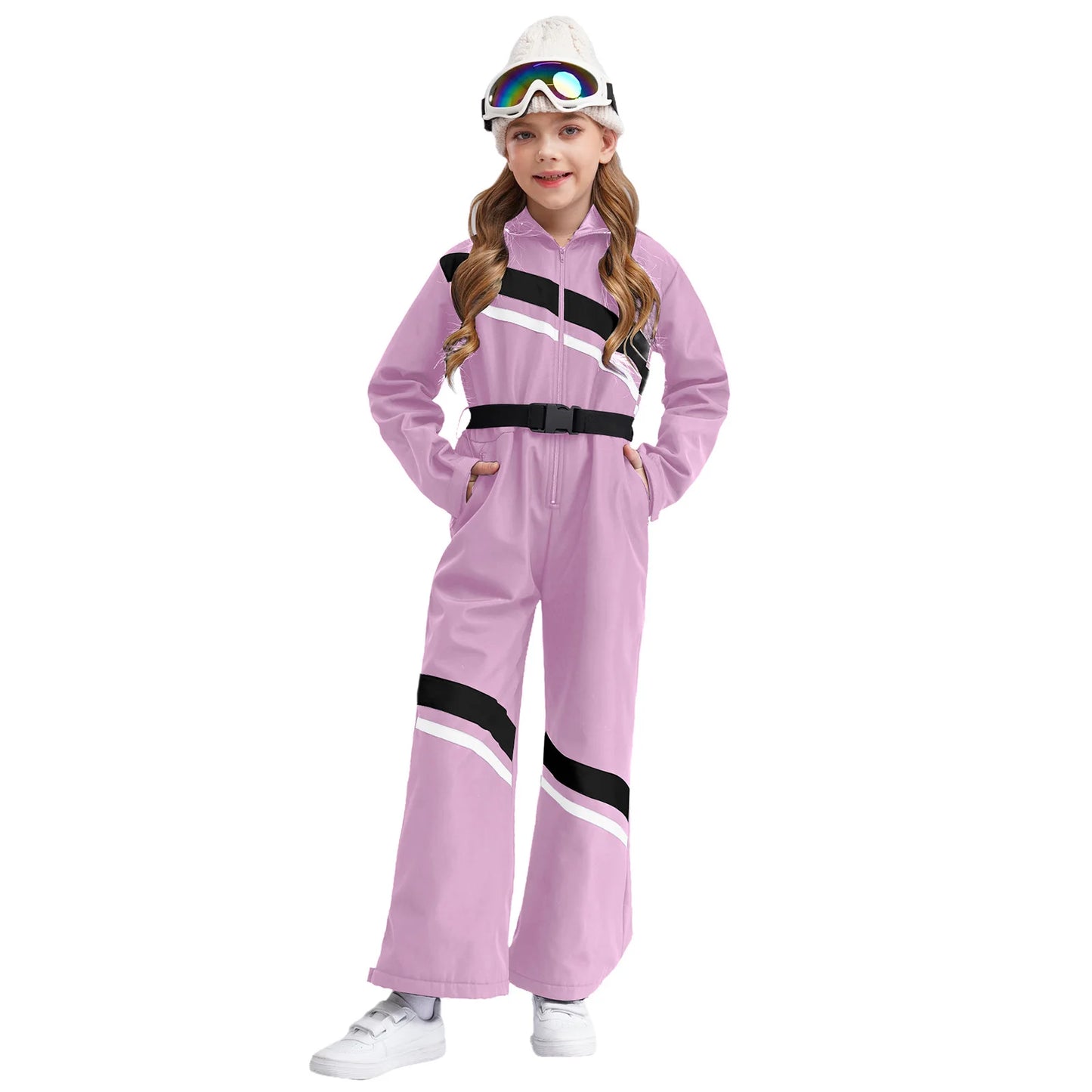 Kids Girls Ski Hooded Jumpsuit Long Sleeve Zipper Color Block Bodysuit with Belt for Skiing Snowboarding Mountaineering Pants