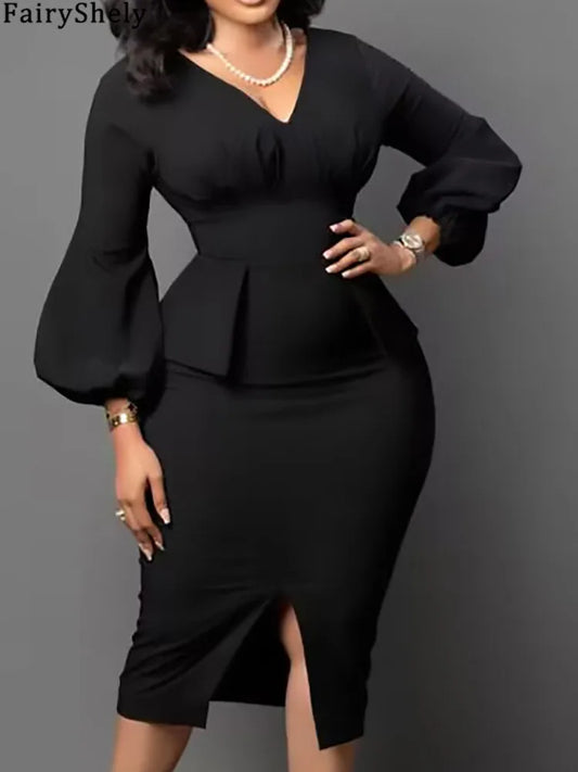 FairyShely 2025 Spring Bodycon Plus Size Dress Women Large Solid Big Sheath Dresses Lady Long Sleeve Party Tight Curvy Dress