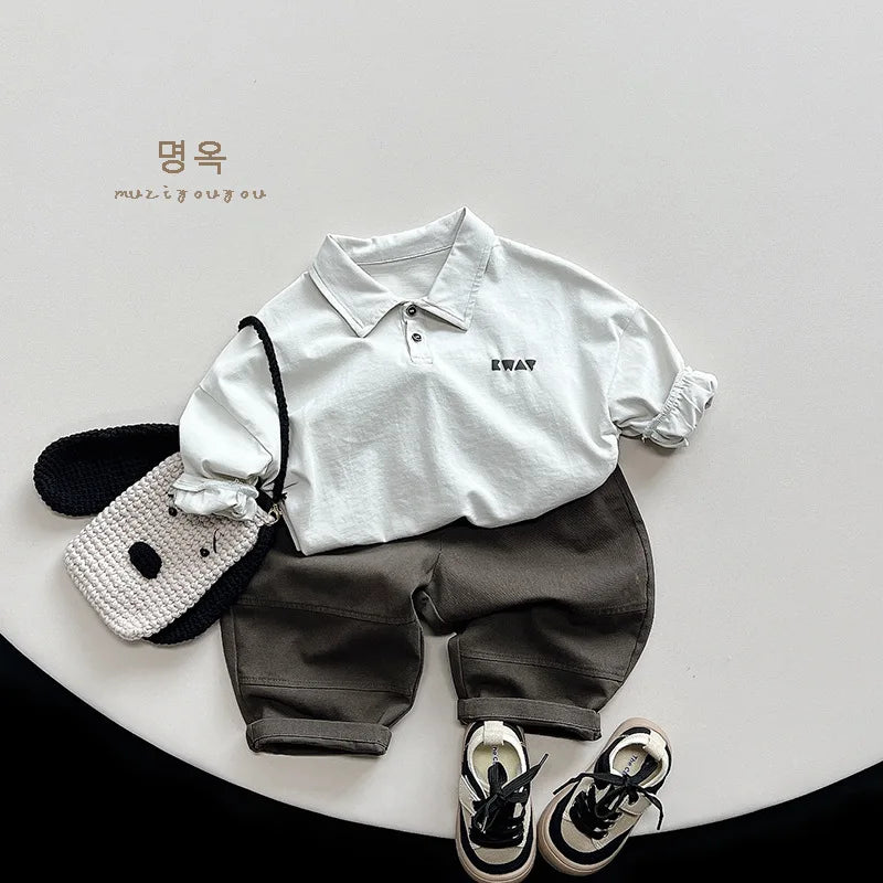 Spring Autumn Children Polo Shirts 1-8Y Boys Cotton Print Button Daily Long Sleeve Tops Korean Toddler Wear Kids Clothing New