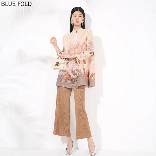 MIYAKE Women's PLEATS Print Casual Suit 2025 Spring New Fashion Stand Collar Midi Top Wide-Leg Pants Two-Piece Set Women Clothes