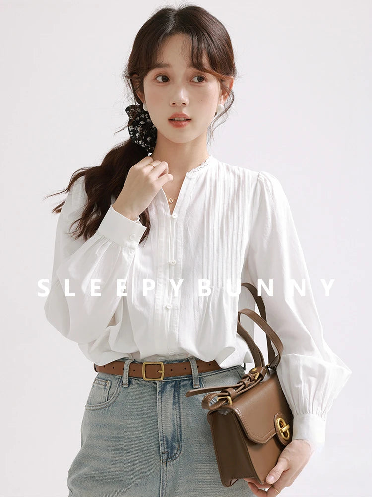 White Lantern Sleeve Blouse Women Spring Fall French V-Neck Long Sleeve Elegant Petite Office Shirt Stylish Casual Chic Top clothes