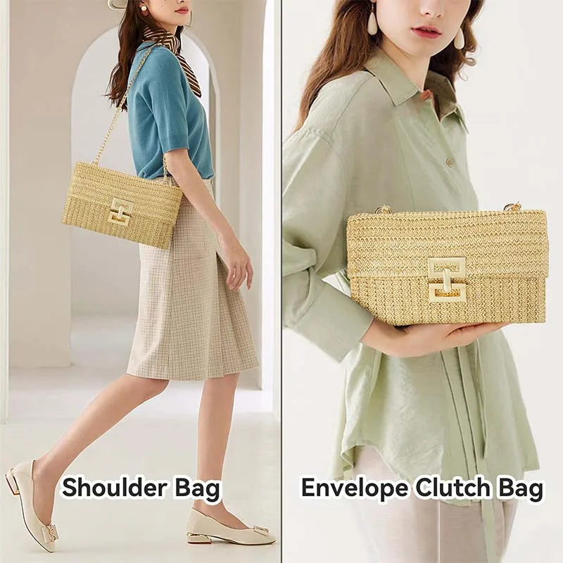 Envelope Straw Woven Clutch Handbags for Women 2024 Trend Summer Wicker Rattan Wallet Purse Beach Shoulder Chain Messenger Bags