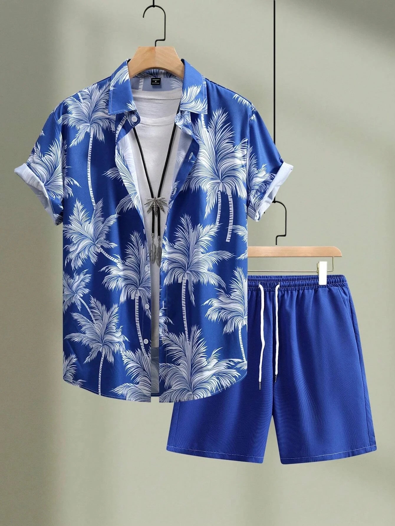 Hawaiian Flamingo Strip Printed Set Casual Streetwear Button Short Sleeve Shirt, Two-piece mon