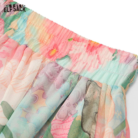 ELFSACK 2024 Summer New Lazy style printed pink holiday style themed shorts two piece suit for women