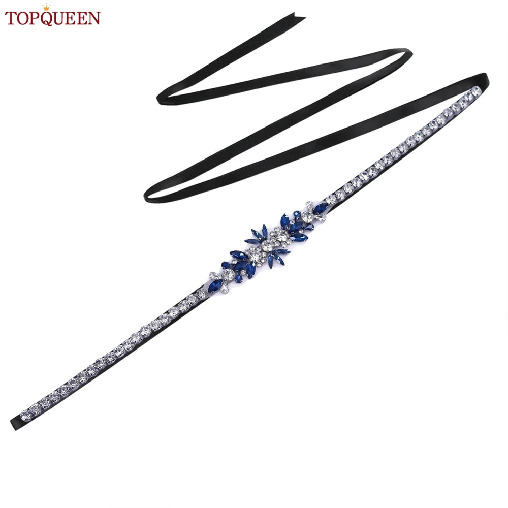 TOPQUEEN Blue Diamond Bridal Ribbon Belt Banquet Evening Dress Jewelry Sash Wedding Accessories Women Waist Decoration S166-ML