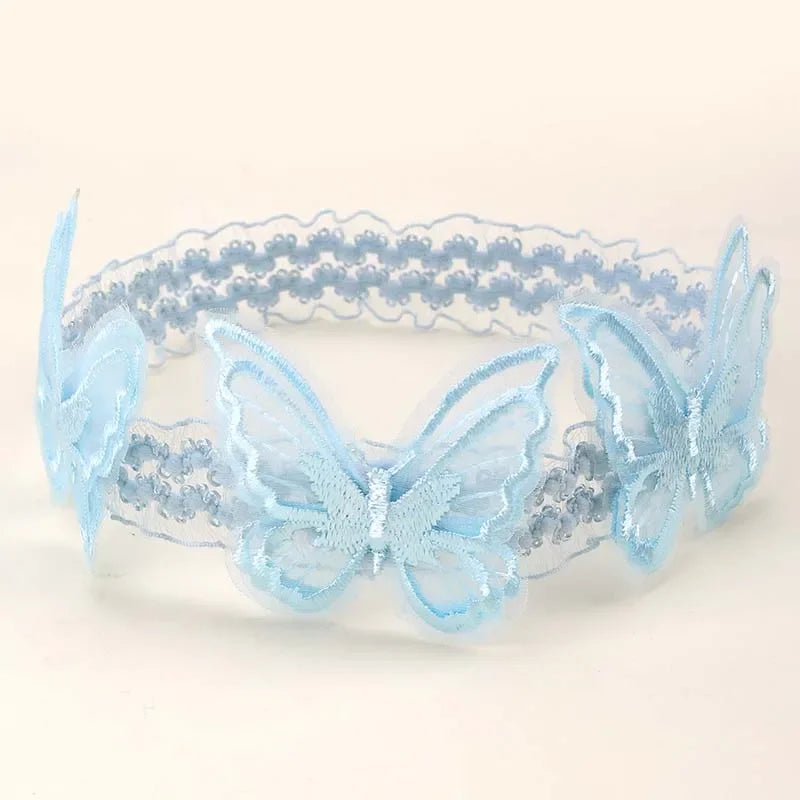 Oaoleer Blue Lace Butterfly Headband Mesh Butterfly Hairband for Baby Girl Soft Elastic Nylon Hair Band Toddler Hair Accessories
