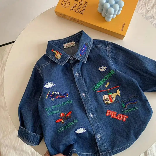 New Kids baby denim shirt cartoon letters embroidery long sleeve Tops Boys loose casual shirt Coat kids