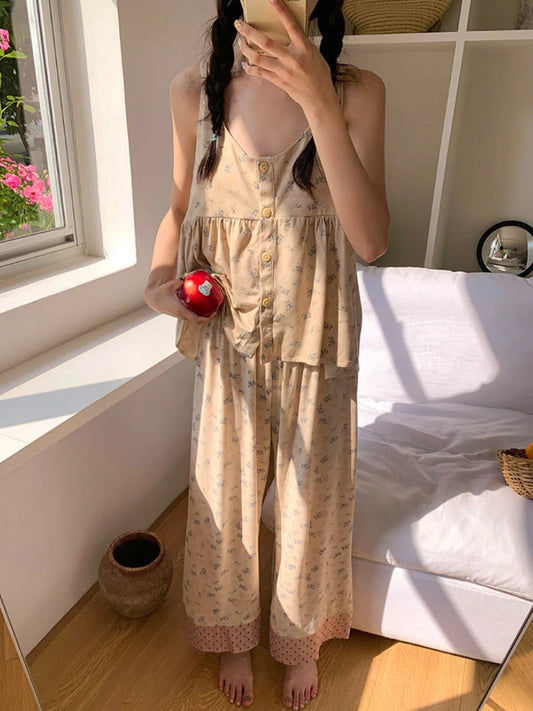 Summer Floral Pajama Sets Women Home Prairie Chic Sleeveless Girlish Sleepwear Thin Casual Students Dormitory Lounge Clothing