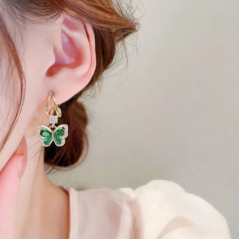 925 Silver Needle Green Crystal Butterfly Drop Earrings For Women Korean Jewelry 2024 Trending Fairy Luxury Women's Earrings New